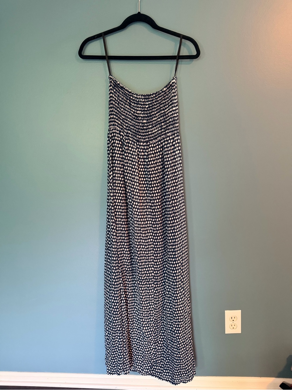 Tiare Hawaii Strapless Maxi Dress Small Navy Blue and White Polka Dot